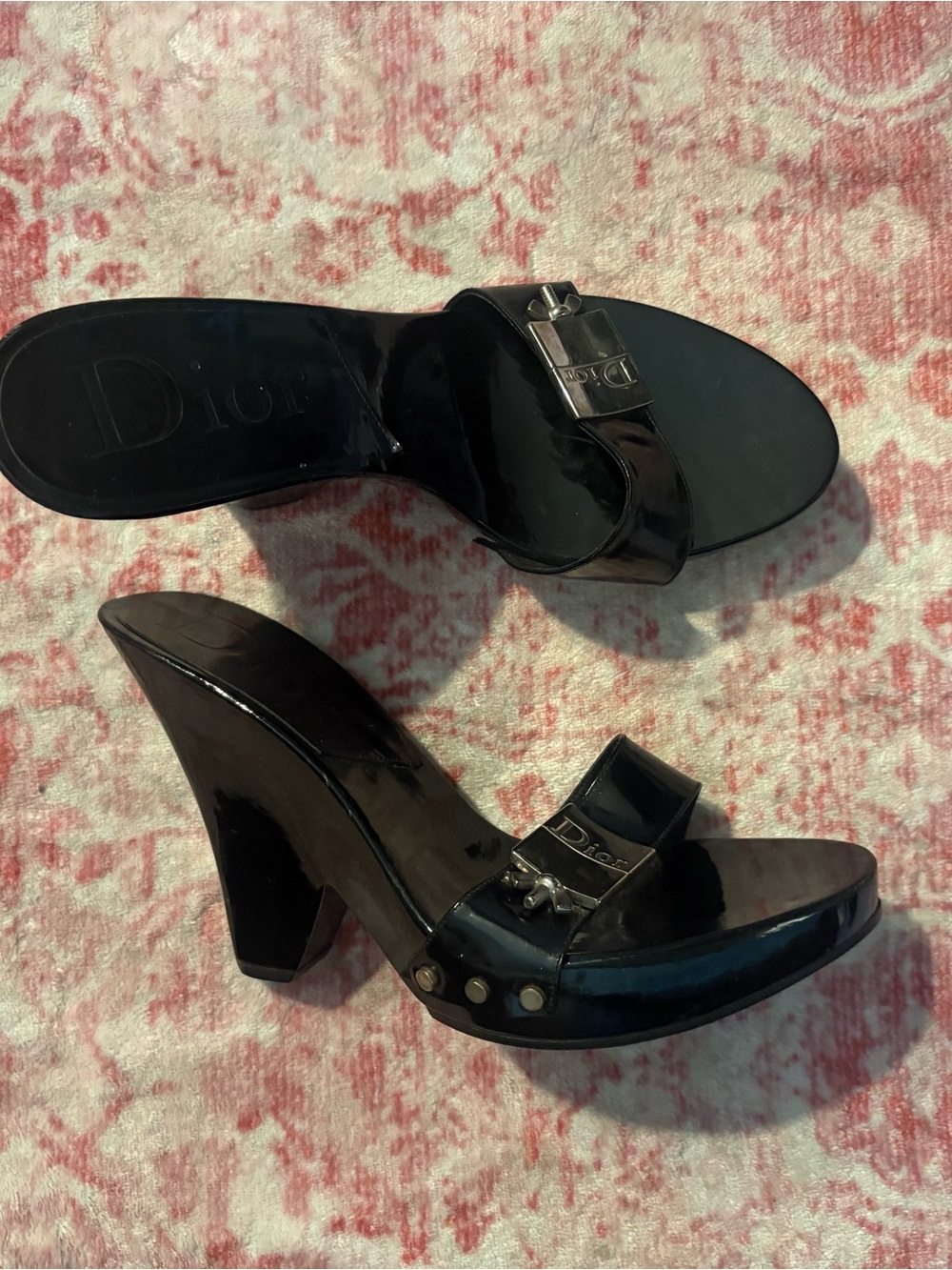 Dior Black Patent Leather Heeled Slide Sandals
